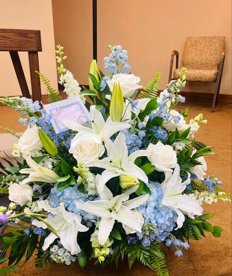 Playa blanca white rose, blue hydrangea, white oriental lily, and light blue delphinium sympathy arrangement. 🩵🤍 Flower Arrangement Hydrangeas, Hydrangea And Rose Arrangement, Hydrangea And Lily Bouquet, Blue White Flower Arrangements, Blue And White Flower Arrangements, White And Light Blue Wedding, Blue Delphinium Wedding, Beachy Flowers, Light Blue Delphinium