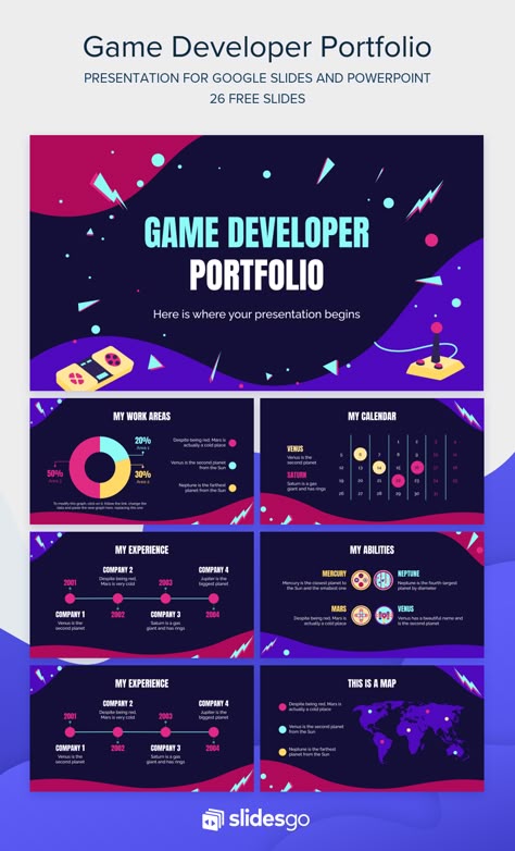 Design a flashy portfolio and showcase your video game projects to impress your recruiters. Editable template in Google Slides & PowerPoint Game Developer Portfolio, Game Designer Portfolio, Game Ppt Template, Game Presentation Design, Gaming Presentation, Gaming Portfolio, Game Design Document Template, Game Presentation, Gaming Template