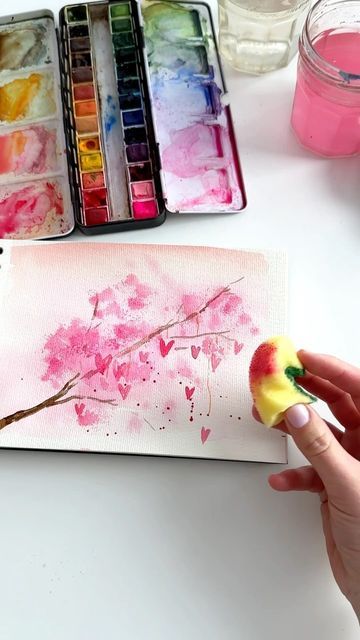 Anna Koliadych on Instagram: "Blossom of Love 💕🌸🥰 with Watercolors 🎨: An Easy and Fun Way to Use a Sponge 🧽 for Creating a Blossoming Effect. #watercolor #watercolortutorial #watercolorpainting #valentines #valentinesday" Painting With Sponges, Valentines Watercolor, Sponge Painting, Watercolor Painting Techniques, January 20, Watercolour Tutorials, Art Inspiration Painting, Watercolor Techniques, Painting Techniques