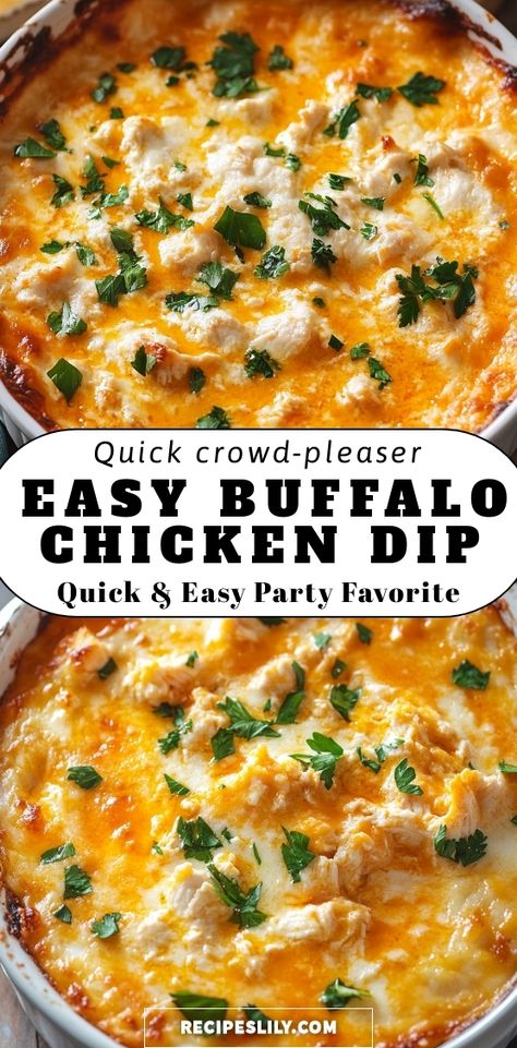 Satisfy your cravings with this Easy Buffalo Chicken Dip! Perfect for game day or any gathering, it’s packed with spicy, cheesy goodness. Ready in just minutes, this dip is sure to be a crowd-pleaser. Dip Recipes Buffalo Chicken, Non Spicy Buffalo Chicken Dip, Easy Food For Dinner Party, Buffalo Sausage Dip, Pulled Chicken Dip, Healthy Chicken Dip Recipes, Easy Chicken Buffalo Dip, Cheesy Buffalo Chicken Dip, Buffalo Chicken Dip Raw Chicken