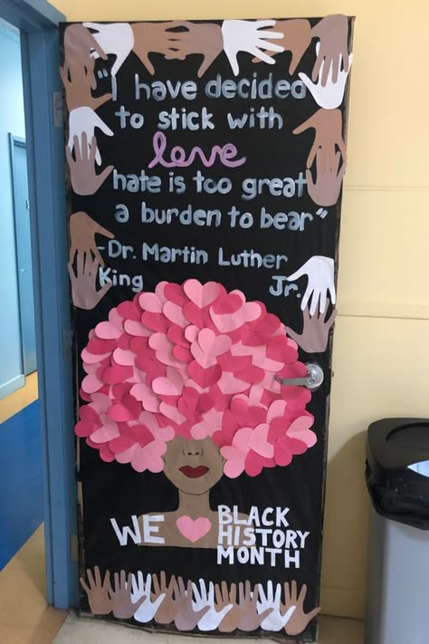 How To Decorate Doors Ideas, Bultin Boards Ideas Classroom, Bulletin Board Ideas For Cosmetology, Bhm Crafts For Kids, Mlk Jr Bulletin Board Ideas, Mlk Library Displays, Teacher Of The Month Bulletin Board, Bhm Poster Ideas, Martin Luther King Door Decorations