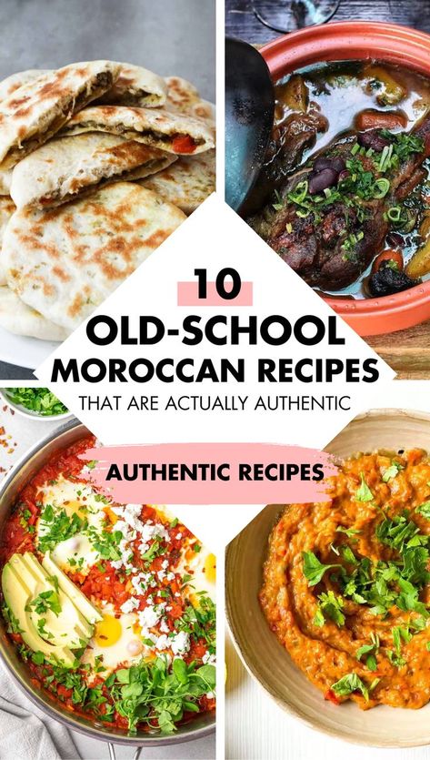 Collage pin image for authentic Moroccan food. It shows two images up top and two images down below. In the middle is a white diamond shape with a title inside. The title reads, "10 Old-School Moroccan Recipes That Are Actually Authentic." Then towards the bottom of the white diamond is a pink paint brush stroke with the words over it, "Authentic Recipes." It also shows recipes like Lamb Shank Tagine. Moroccan Meal Prep, Other Country Recipes, Traditional Moroccan Dishes, Authentic Moroccan Recipes, Mediterranean Recipes Authentic, Moroccan Cuisine Recipes, Moroccan Dishes Food, International Cuisine Recipes, Moroccan Ramadan Recipes