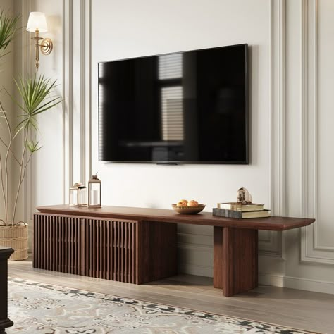 Tv Stand With Ottomans Underneath, Walnut Tv Stand Living Room, Extendable Tv Stand, White Oak Media Console, Tv Table Ideas Modern, Long Tv Stand Ideas, Dresser As Tv Stand In Living Room, 85 Inch Tv On Wall Ideas, Japandi Tv Stand