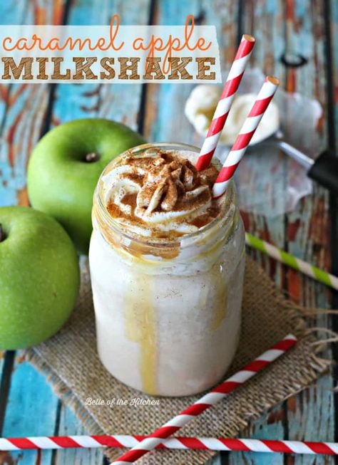 Caramel Apple Milkshake - Belle of the Kitchen Apple Milkshake, Belle Of The Kitchen, Caramel Apple Desserts, Caramel Apples Homemade, Caramel Apple Cheesecake, Holiday Baking Recipes, Kitchen Fun, Milkshake Recipes, Milk Shakes