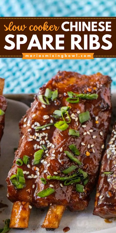 St. Louis spare ribs and Asian flavors meet in one crockpot dish! You'll love the mashup in this simple dinner idea. Not only is this easy slow cooker recipe for Chinese spare ribs super tender, but it is also deliciously sweet and spicy! Chinese 5 Spice Pork Ribs, Slow Cooker Pork Side Ribs, Chinese Sticky Ribs, Sweet And Sour Crockpot Ribs, Asian Spare Ribs, Rib Recipes Slow Cooker, Chinese Food Recipes Crockpot, Spare Ribs Instant Pot, Crockpot Pork Spare Ribs