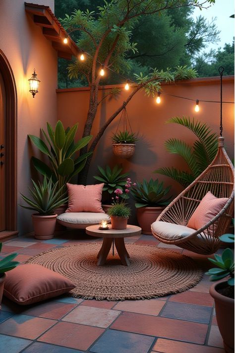 Colorful bohemian patio with Moroccan tiles and macramé chairs at twilight Patio Decorating Ideas Screened In, Tiny Home Backyard Ideas, Bohemian Backyard Decor, Outdoor Terrace Ideas, Small Backyard Patio Designs, Decorated Porches, Cozy Backyard Ideas, Garden Design Patio, Back Patio Ideas