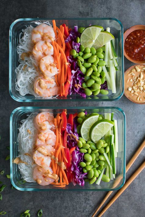 Shrimp Spring Roll Bowls Recipe - Peas and Crayons Fresh Spring Roll Bowl, Spring Rolls Meal Prep, Asian Style Meal Prep, Meal Prep Spring Rolls, Rice Noodle Meal Prep, Vietnamese Meal Prep, Veggie Filled Meals, Spring Roll Filling Ideas, Spring Meal Prep