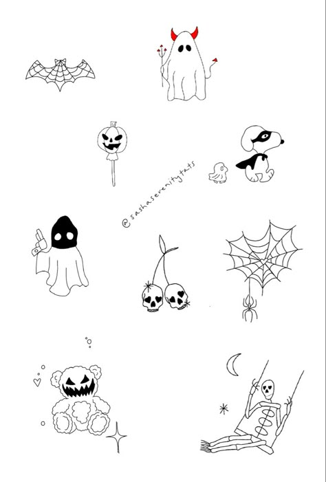 Spooky Szn Tattoo, Halloween Line Work Tattoo, Minimal Spooky Tattoo, Tiny Tattoo Halloween, Halloween Inspired Tattoos Simple, Spooky Little Tattoos, Small Halloween Flash Tattoos, Fineline Halloween Tattoo, Halloween Flash Sheet Simple