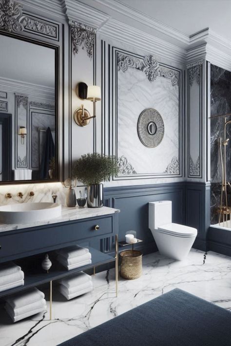 Set sail for sophistication with this timeless navy blue and marble white combination. Classic elegance meets modern style. #NavyBathroom #MarbleAccents Interior Design Blue, Navy Blue Bathroom, Navy Blue Bathrooms, Navy Bathroom, Color Scheme Ideas, Art Nouveau Decor, Bathroom Color Schemes, Bathroom Color, Blue Bathroom