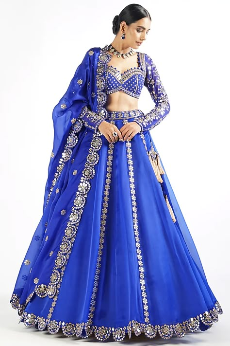 Royal Blue Cut Mirror Embroidered Lehenga Set Design by Vvani By Vani Vats at Pernia's Pop Up Shop 2022 Gown Blue Royal, Latest Lehenga Design 2024, Shimmer Lehenga, Royal Blue Lehenga, Sweetheart Neck Blouse, Indian Royalty, Vani Vats, Mirror Border, Lehenga Dupatta