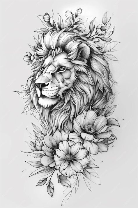 Lion With Flowers Drawing, Lion Flower Tattoo For Women, Different Flower Drawings, Lion And Flowers Tattoo Design, Lion Flower Tattoo, Floral Animal Tattoo, Outlines Drawing, Lion With Flowers, Lion Tattoo With Flowers