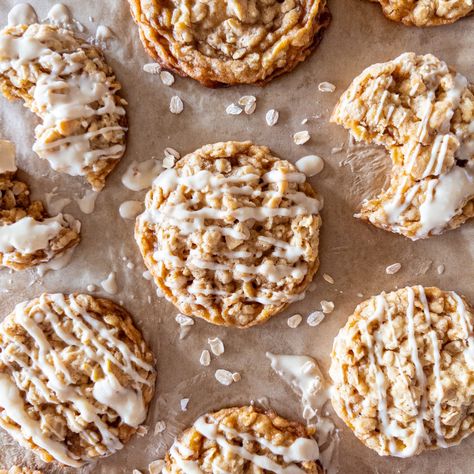 Brown Butter Oatmeal Cookies - with Brown Butter Glaze. Brown Butter Oatmeal Cookies, Brown Butter Glaze, Pignoli Cookies, Cookie Glaze, Butter Oatmeal Cookies, Iced Oatmeal Cookies, Brown Butter Cookies, Butter Glaze, Vegetarian Desserts