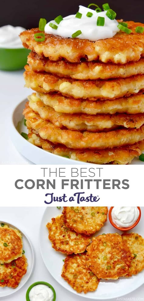 This Corn Fritters recipe can be made with fresh, frozen, canned or creamed corn for the ultimate crispy snack 365 days a year! For a tasty twist, load up the fritters with your choice of cheese (and perhaps a little bacon?!). #cornfritters #fritters #cornfrittersrecipe #justatasterecipes Creamed Corn Fritters Recipe, Cream Corn Fritters, Apple Fritter Recipe, Skillet Recipes Dinner, Corn Fritters Recipe, Cast Iron Skillet Recipes Dinner, Sweet Corn Fritters, Corn Fritter, Corn Fritter Recipes