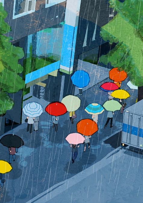 Tatsuro Kiuchi, Rain Illustration, Umbrella Illustration, Art Deco Design Graphics, Japan Railway, I Love The Rain, Love The Rain, Animated Photos, Naive Illustration