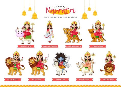 Navratri festival with nine hindu goddes... | Premium Vector #Freepik #vector #crown #hands #festival #navratri Nav Durga Image, Navratri Devi Images, Navratri Devi, Ganpati Photo, Ganpati Photo Hd, Nav Durga, Durga Pooja, Devi Images, Ganesh Art Paintings