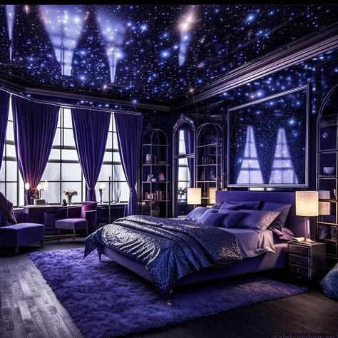 Galaxy Bedroom Aesthetic, Galaxy Bedroom Ideas, Gothic Houses, Galaxy Room, Bedroom Decor Dark, Dark Blue Bedrooms, Lake House Bedroom, Fantasy Bedroom, Dream Bedroom Inspiration