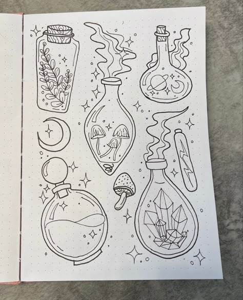 Potion Drawing Reference, Witch Potion Tattoo, Potions Aesthetic Drawing, How To Draw Potions, Crystal Drawings Easy, Drawing Potion Bottles, Witchcraft Drawing Ideas, Potion Bottle Sketch, Magical Drawings Easy