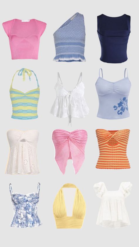 Cute Tops And Where To Get Them, Tops You Need, Outfits Aesthetic Summer 2024, Cute Summer Tops Aesthetic, Cute Summer Crop Tops, Summer Fits Inspo 2024, Cute Beach Tops, Where To Buy Summer Tops, Bright Summer Clothes