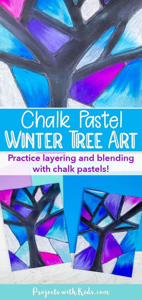 Use an easy glue resist technique to make this beautiful chalk pastel winter tree art project. Perfect for a classroom winter art activity! Class Christmas Art Project, Winter Birch Tree Art For Kids, Winter Silhouette Art For Kids, Winter Trees Art For Kids, Elementary Winter Art Lessons, Intermediate Christmas Art, 4th Grade Art Projects Winter, Winter Artwork Inspiration, Winter Art Projects For Elementary