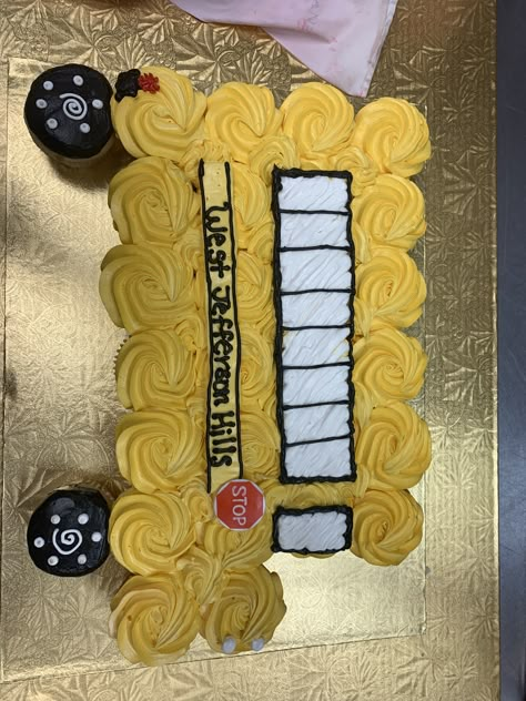 Bus Cupcake Cake, Bus Driver Retirement Cake, School Bus Second Birthday, School Bus 2nd Birthday, 2nd Birthday Bus Theme, School Bus Cupcake Cake, School Bus Party Food, School Bus Birthday Theme, School Bus Themed Birthday Party