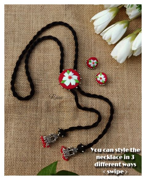 Beads Jewellery Designs Ideas, Fabric Jewelry Necklace, Fabric Necklace Diy, Fabric Jewelry Handmade, Long Neckpiece, Clay Jewellery Handmade, Unconventional Jewelry, Navratri Ideas, Navratri Jewellery