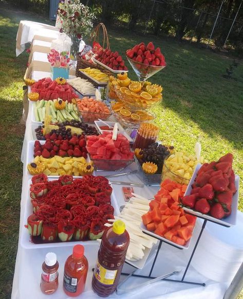 Fruit Table Ideas Birthday Mexican, Chamoy Party Table, Snack Bar Ideas For Party, Wedding Table Snacks Receptions, Chamoy Fruit Platter, Fruit And Tajin Bar, Fruit And Chamoy Bar, Fruit Platter Table, Mexican Fruit Bar Ideas Parties