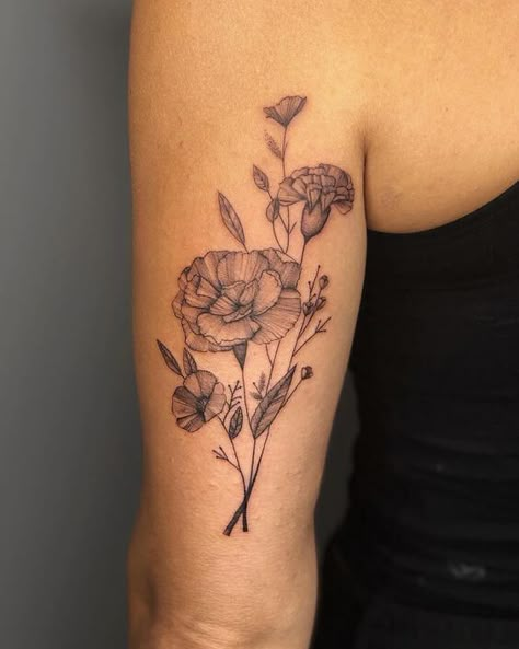 180+ Beautiful Birth Flower Tattoo Ideas (2023) - TattoosBoyGirl Carnation Flower Tattoo Arm Sleeve, Tattoos Of Carnations, Poppy Carnation Tattoo, Large Carnation Tattoo, Carnation Flower Tattoo Hip, Carnation Arm Tattoo, Carnation And Poppy Tattoo, Carnation Tattoos For Women, Carnation And Poppy Flower Tattoo