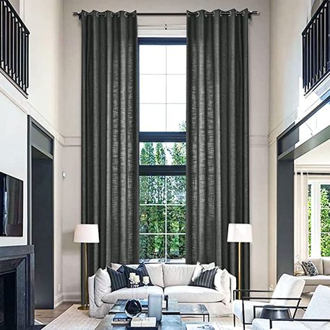 Long Linen Curtains, Tall Window Treatments, High Ceiling Curtains, Long Curtains Living Room, Long Window Curtains, Tall Curtains, High Curtains, Charcoal Curtains, Floor To Ceiling Curtains