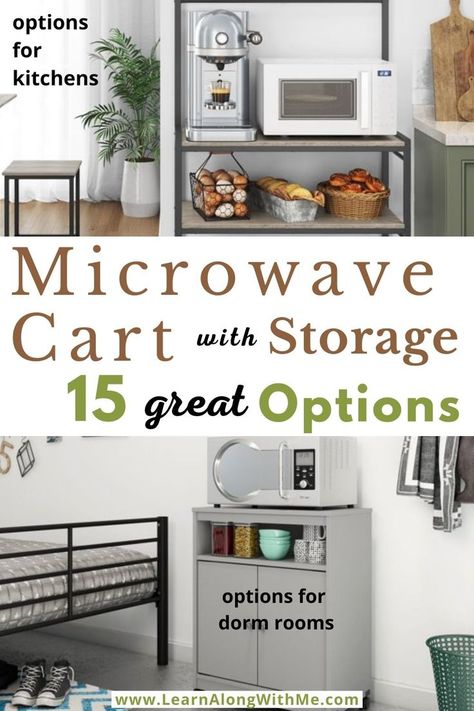 A good microwave cart with storage built in can help you tidy up your kitchen, dorm room or office lunch room. 
And getting one on wheels allows you to roll it out of the way when needed: this is good for cleaning behind the cart.
Some of these microwave carts have closed storage cabinets to keep stuff out of sight. And others are open-faced shelves. 
Click to read more... Snack Storage Ideas, Cupboard Organization Ideas, Office Lunch Room, Spice Storage Ideas, Snack Organization, Organizing Small Spaces Bedroom, Organize Your Kitchen Cabinets, Spice Rack Ideas, Bedroom Small Space