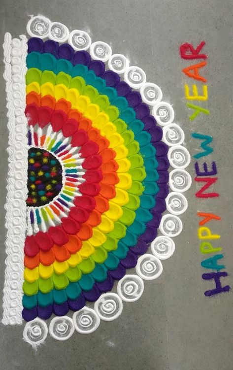 Easy simple rangoli design Colourful rangoli DIY Home decor for diwali Rainbow Rangoli Design, Happy New Year And Diwali, Rangoli Designs For New Year, Rainbow Rangoli, Home Decor For Diwali, Happy New Year Rangoli, New Year Rangoli Design, Easy Simple Rangoli, Rangoli Design For Diwali