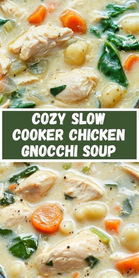 "Try this Slow Cooker Chicken Gnocchi Soup for a hearty and satisfying dinner. With tender chicken and flavorful gnocchi, it’s sure to become a family favorite. Follow the recipe and enjoy!" Slow Cooker Gnocchi Soup, Crock Pot Chicken Gnocchi Soup, Chicken And Gnocchi Soup Crockpot, Chicken And Dumplings With Gnocchi, Crockpot Gnocchi Soup, Chicken And Gnocchi Recipes, Gnocchi Soup Crockpot, Chicken Gnocchi Recipes, Chicken Gnocchi Soup Crockpot