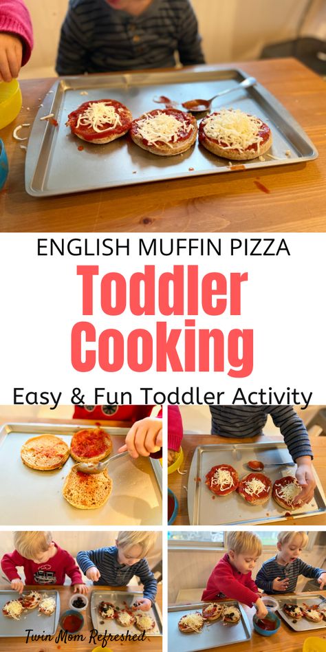 Have your toddler help make their own meal for dinner or lunch with this easy toddler recipe! My twin toddlers love making their own pizzas and they are learning so much such as math skills and life skills from this easy toddler activity! A great cooking activity for toddlers, preschoolers, and kids! Toddler Recipe, Meal For Dinner, Cooking With Toddlers, Preschool Cooking, English Muffin Pizza, Easy Toddler Meals, Cooking Activities, Mini Chef, Baking Easy