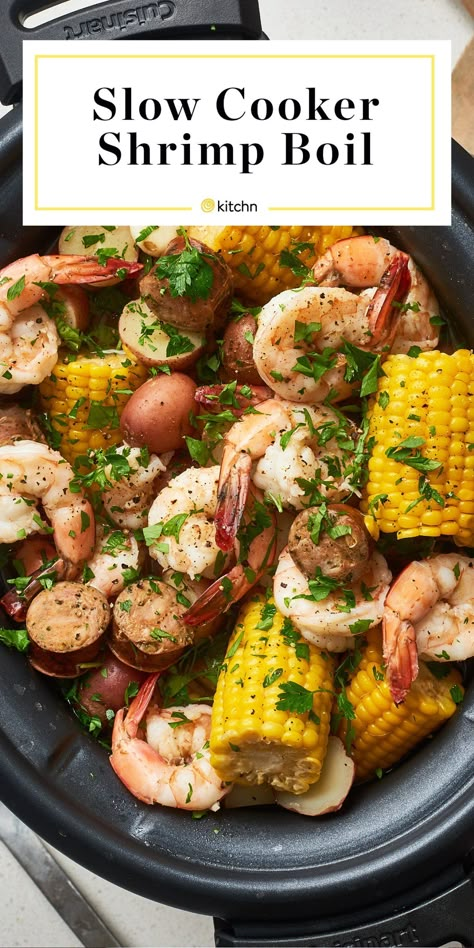 Main Dish For A Crowd, Crock Pot Shrimp, Dish For A Crowd, Shrimp Boil Recipe, Shrimp Corn, Boil Recipes, Seafood Boil Recipes, Kielbasa Sausage, Boiled Food