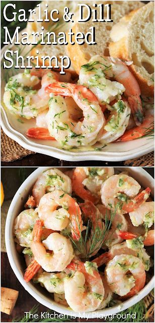 Garlic & Dill Marinated Shrimp ~ Garlic, fresh dill, and a touch of lemon combine beautifully to create a tasty light-bodied marinade for shrimp. They're the perfect little party bite! www.thekitchenismyplayground.com Marinade For Shrimp, Dill Shrimp, Mixed Seafood Recipe, The Kitchen Is My Playground, Shrimp Scampi Recipe, Marinated Shrimp, Delicious Seafood Recipes, Shrimp Appetizers, Prawn Recipes