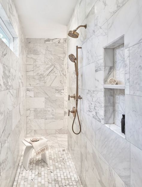 4 Shower Layouts that Will Transform Your Bathroom Shower Head Placement Walk In, Master Shower Head Ideas, Bathroom Shower Heads Faucets, Shower Hardware Placement, Handheld Shower Head Placement, Shower Fixture Placement Layout, Multiple Shower Heads Master Baths, Shower Sizes Layout, Two Shower Heads Master Bathrooms