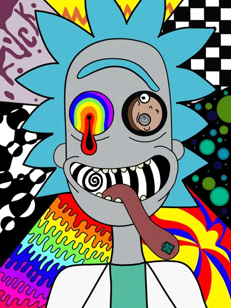 Trippy Cartoon Art, Rick And Morty Canvas Painting, Trippy Cartoon Drawing Ideas, Mushroom Dance, Painting Trippy, Acid Lsd, Rick And Morty Stickers, Trippy Cartoon, Pink Canvas Art