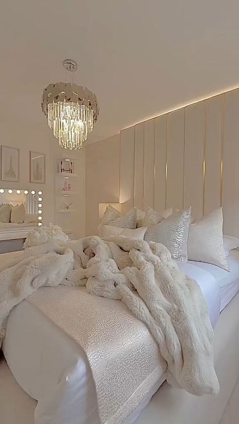 Transform your bedroom into a glamorous retreat. #LovelyHome #LuxuryInteriors credit @thebedroomcentre Cream And Gold Bedroom, Glamorous Bedroom Decor, Gold Bedroom Ideas, Grey And Gold Bedroom, Natural Bedroom Decor, Glamourous Bedroom, Plush Bedding, Natural Bedroom, Design Your Bedroom