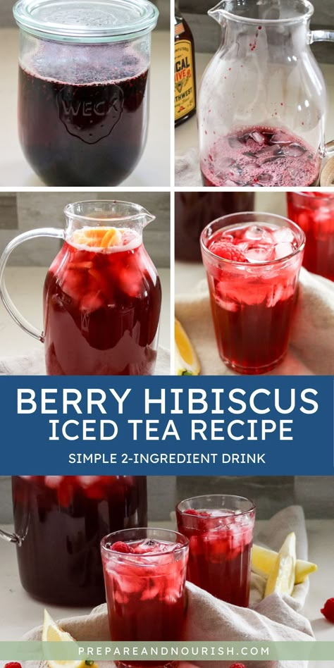 Learn how to make a hibiscus tea recipe with just 2 simple ingredients. It's delicious to enjoy hot or cold and comes with lots of great health benefits. You can make it with loose dried flowers or a hibiscus tea bag and use your favorite sweetener (mine is honey!) to sweeten to your liking. Add a wedge of lemon and cheers! Blueberry Hibiscus Tea, Homemade Hibiscus Tea, Strawberry Hibiscus Tea, Different Tea Recipes, Cold Hibiscus Tea Recipe, Healthy Teas To Drink, Herbal Iced Tea Recipes, Hibiscus Tea Benefits Health, Hibiscus Tea Drinks