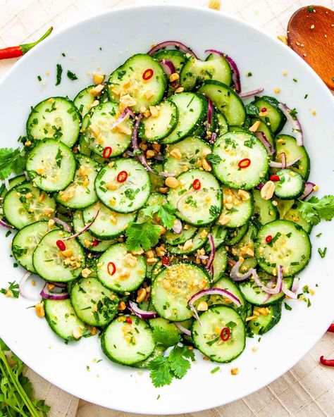 Thai Cucumber Salad Indonesian Salad, Thai Cucumber Salad Recipe, Thai Cucumber, Thai Cucumber Salad, Great Salad Recipes, Cucumber Salad Recipe, Asian Cucumber Salad, Crispy Wonton, Jo Cooks