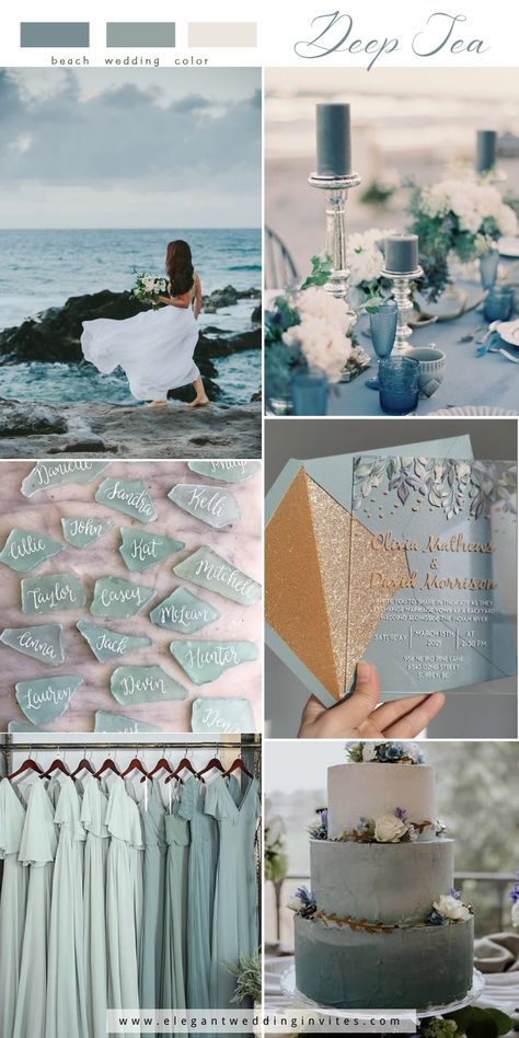 romantic deep sea and sage green beach wedding color palette Sea Wedding Theme, Beach Wedding Color Palette, Beach Wedding Colors Schemes, Ocean Wedding Theme, Beach Wedding Pink, Sea Glass Wedding, Blue Beach Wedding, Popular Wedding Colors, Dream Beach Wedding