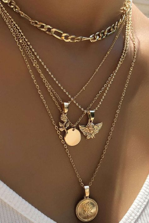 Rose & Angel Layered Necklace Multi Layered Necklace, Rosé Angel, Preppy Jewelry, Pretty Jewelry Necklaces, Jewelry Accessories Ideas, Multi Layer Necklace, Butterfly Pendant Necklace, Dope Jewelry, Estilo Punk