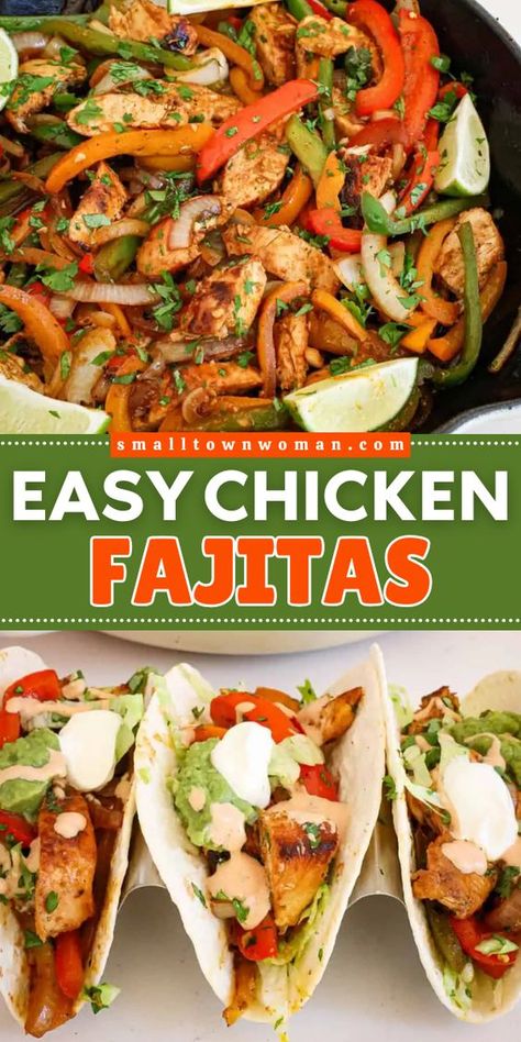 Another family-friendly dinner for your rotation! Easy and delicious, this chicken fajita recipe is so much better than what you can get from your favorite Mexican restaurant. Save this main course idea and enjoy this chicken dish! Chicken Fajitas Recipes, Mexican Taco Recipes, Mexican Food Desserts, Best Chicken Dinner Recipes, Best Chicken Dinner, Chipotle Peppers In Adobo Sauce, Chicken Fajitas Recipe, Easy Chicken Fajitas, Small Town Woman