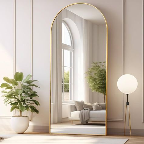 Amazon.com: Dewfig Arched Full Length Mirror, 71"*30", Large Floor Mirror with Stand, Full Body Mirror Standing Mirror for Leaning Hanging Bedroom, Living Room,Dressing Room, Aluminum Alloy Frame, Black : Home & Kitchen Bedroom Mirror Ideas Full Length, Floor Length Mirror Bedroom, Gold Mirror Living Room, College Room Inspiration, Big Mirror In Bedroom, Large Standing Mirror, Full Length Mirror In Bedroom, Arched Full Length Mirror, Large Floor Mirror