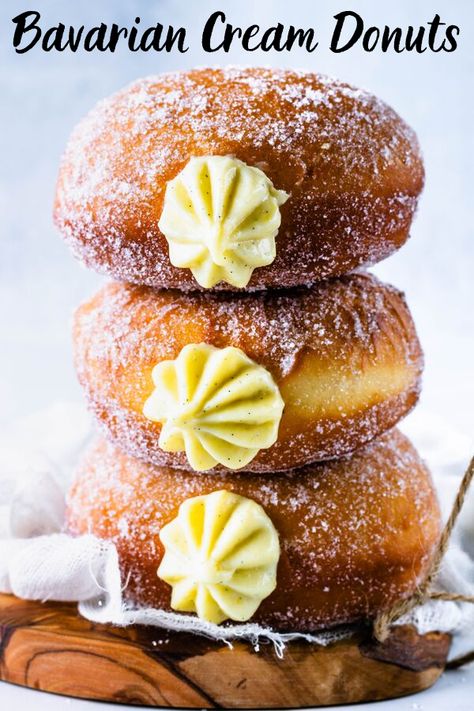 Bavarian Cream Donuts #donuts #bavarian #custard #vanilla #doughnuts #oktoberfest #german #desserts #dessert #filleddonuts #donut #dessert #breakfast #bavariancream #vanillabean Cream Filled Donuts, Donut Filling, Pastry Cream Filling, Doughnut Recipes, Homemade Doughnuts, Pembuat Roti, Homemade Donuts Recipe, Oktoberfest Food, Bavarian Cream