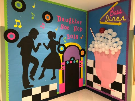 1950s Classroom Theme, Grease Door Decorations, 50s Theme Classroom Door, 50s Theme Decorations, 50s Rock And Roll Party, Decades School Theme, Diner Classroom Theme, Sock Hop School Dance, 50s Bulletin Board Ideas