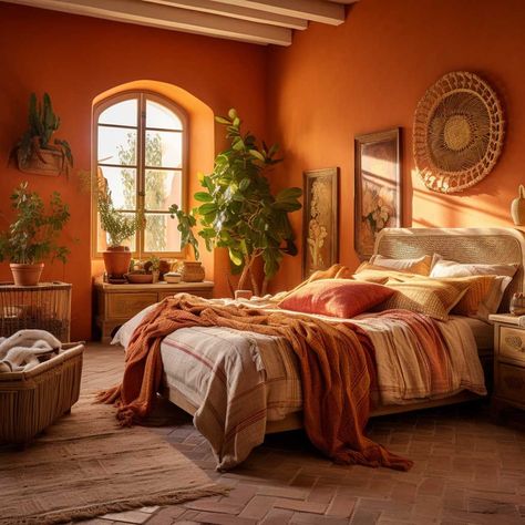 60s Bedroom Decor, Mediterranean Bedroom, Orange Rooms, Wellness Selfcare, Mediterranean Interior, Personalized Bedroom, Unique Bedroom, Bedroom Orange, Bedroom Decor Inspiration