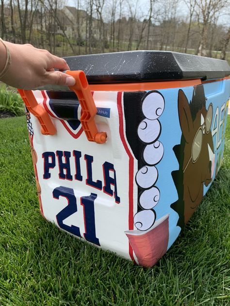 Sixers jersey painted cooler #philly Frat Cooler Side Ideas, Wolf Of Wall Street Frat Cooler, Chicago Frat Cooler, Painted Frat Cooler Ideas, Frat Cooler Sides, Frat Coolers Ideas Fraternity, Phi Delt Cooler, Frat Cooler Painting Ideas, College Cooler Painting