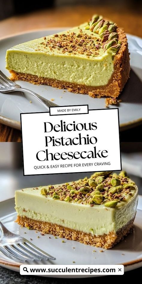 A rich and creamy pistachio cheesecake with a buttery graham cracker crust, topped with a smooth pistachio glaze for a deliciously nutty twist. Pistachio Cheesecake Recipe, Pistachio Filling, Cheesecake With Chocolate, Cheesecake Baked, Pistachio Cheesecake, Nutella Inspired Recipes, Pistachio Recipes, American Club, Pistachio Cake