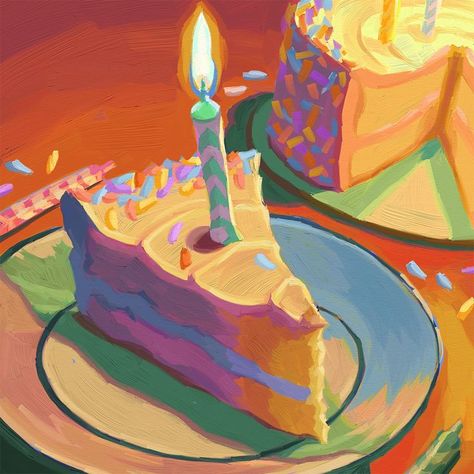 A colorful digital painting including a piece of cake on a plate with a lit candle on top, the rest of the birthday cake in the background and two candles with sprinkles scattered around. Cake Digital Art, Birthday Cake Painting, Cake Painting, Bakery Sweets, Food Artists, Pink Food, Food Illustration Art, Digital Oil Painting, Food Painting