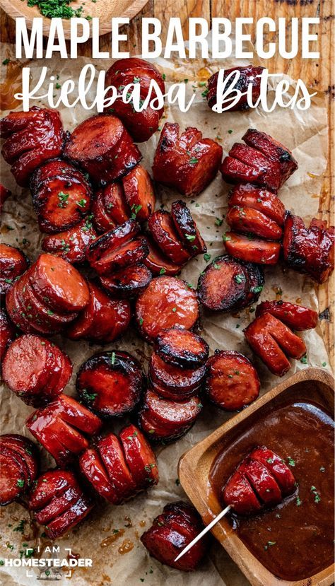 Maple BBQ Hasselback Kielbasa Bites are a delicious and flavorful appetizer made with bite-sized sections of smoked sausage cut in a Hasselback style, and coated in a sweet and tangy maple barbecue sauce. Then, they are cooked in an air fryer for a slight char, infusing the maple barbecue sauce into each bite. Kielbasa Burnt Ends, Hasselback Kielbasa Bites, Hasselback Kielbasa, Bbq Kielbasa, Kielbasa Appetizer, Kielbasa Bites, Bratwurst Recipes, Kielbasa Recipes, Sausage Dishes